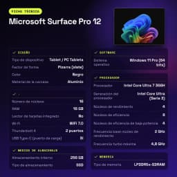 Microsoft Surface Pro 12 16GB/256GB Negro 13 pulgadas OLED 120Hz Intel Core Ultra 7 366H WiFi 7 - 33 cm (13")