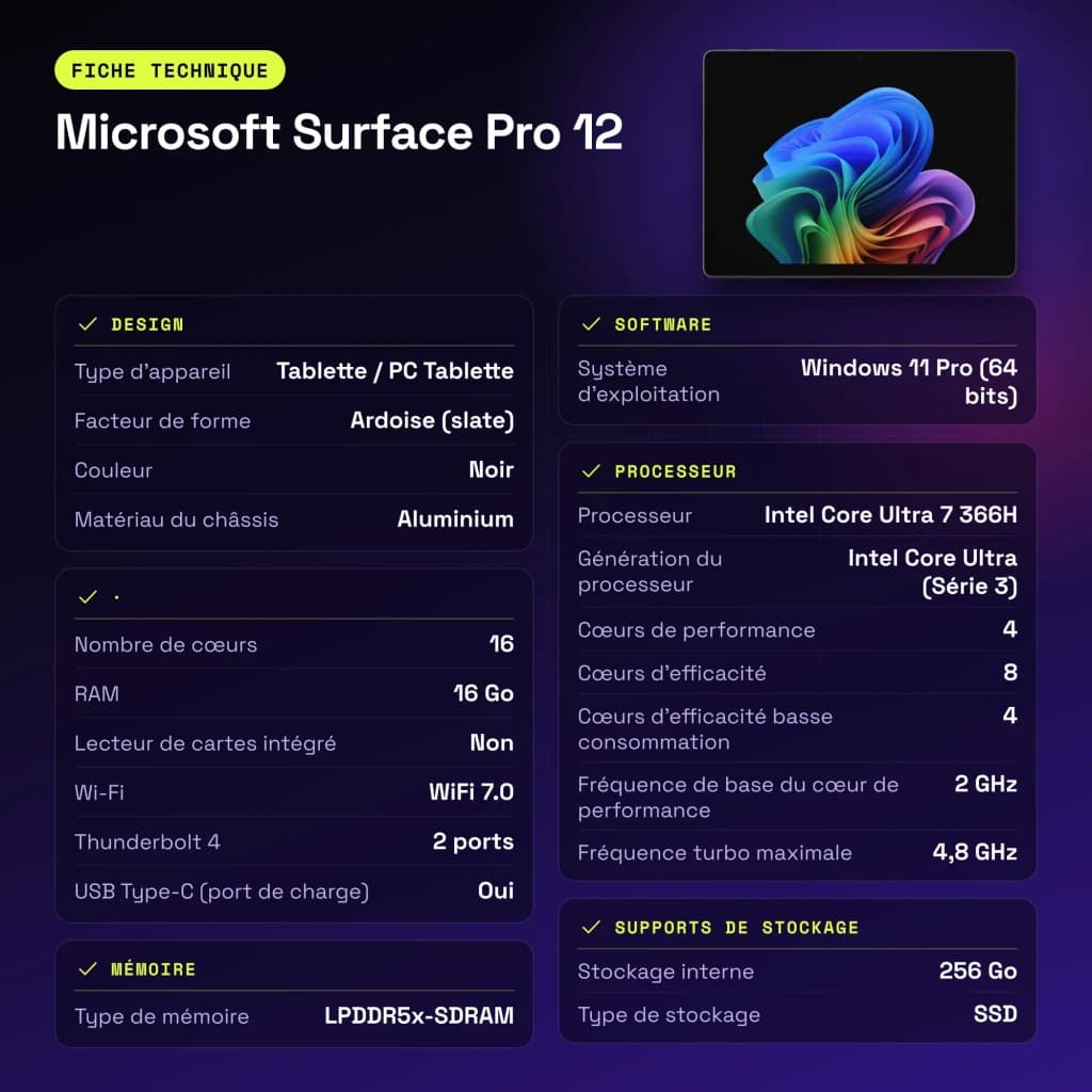 Microsoft Surface Pro 12 16GB/256GB Negro 13 pulgadas OLED 120Hz Intel Core Ultra 7 366H WiFi 7 - 900 cd / m²
