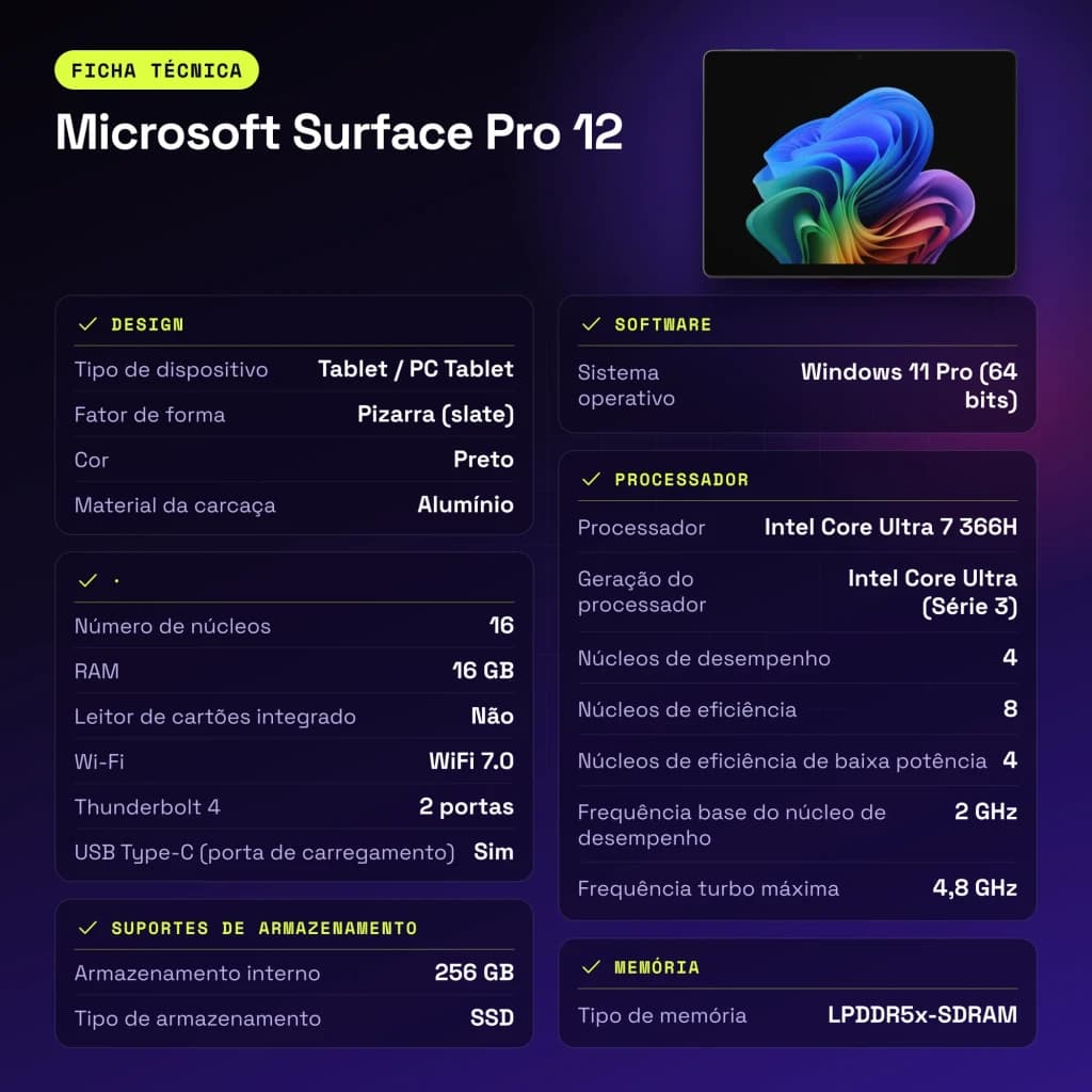 Microsoft Surface Pro 12 16GB/256GB Negro 13 pulgadas OLED 120Hz Intel Core Ultra 7 366H WiFi 7 - características, 10 MP