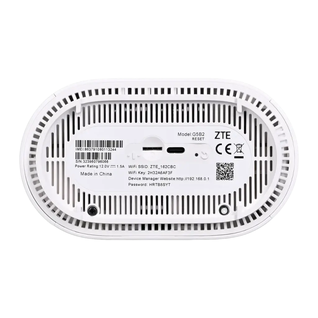 Routeur ZTE G5B2 5G AX3600 Blanc WiFi 6 Double Bande - grilles de ventilation, étiquette IMEI, port USB-C