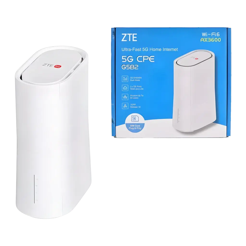 Routeur ZTE G5B2 5G AX3600 Blanc WiFi 6 Double Bande - appareil et packaging bleu 5G CPE