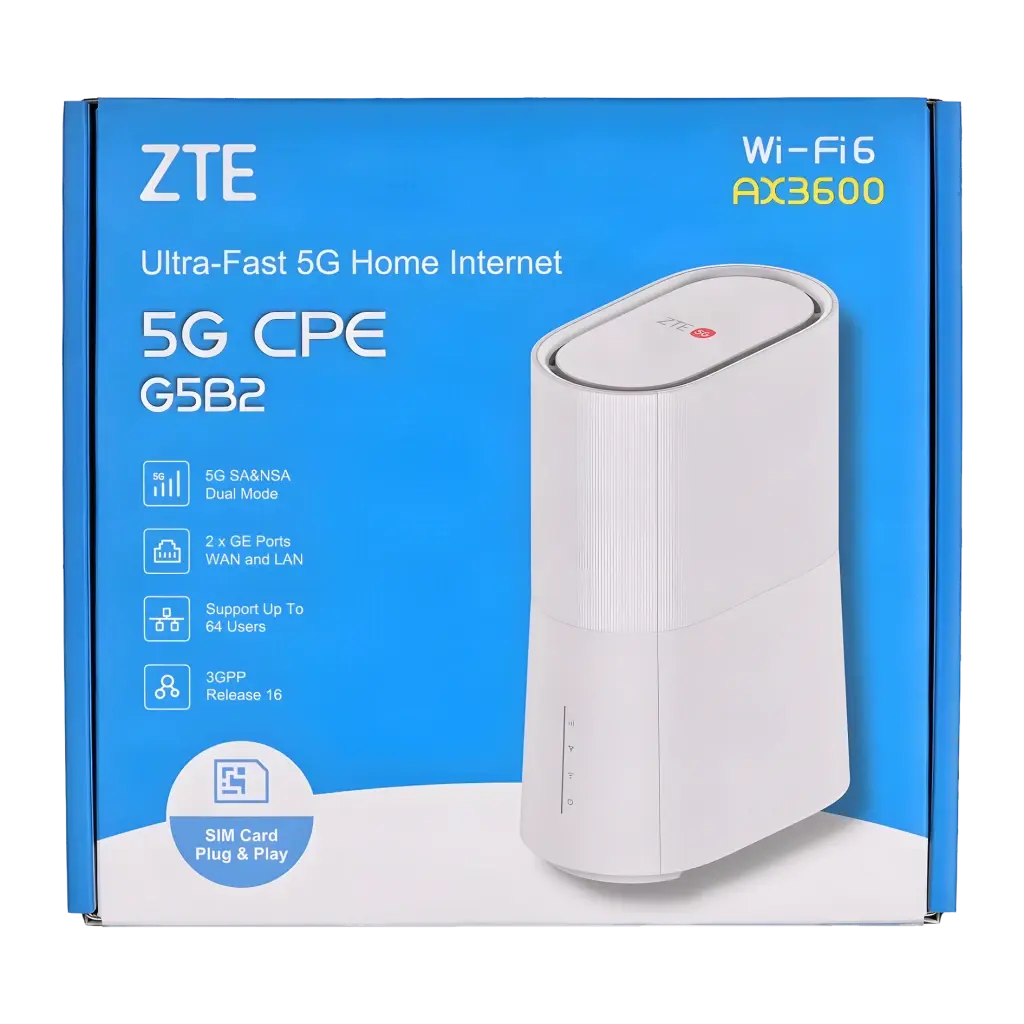 Routeur ZTE G5B2 5G AX3600 Blanc WiFi 6 Double Bande - packaging bleu avec routeur blanc et spécifications 5G CPE