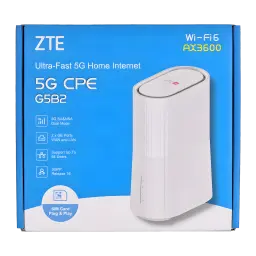 Routeur ZTE G5B2 5G AX3600 Blanc WiFi 6 Double Bande - packaging bleu avec routeur blanc et spécifications 5G CPE