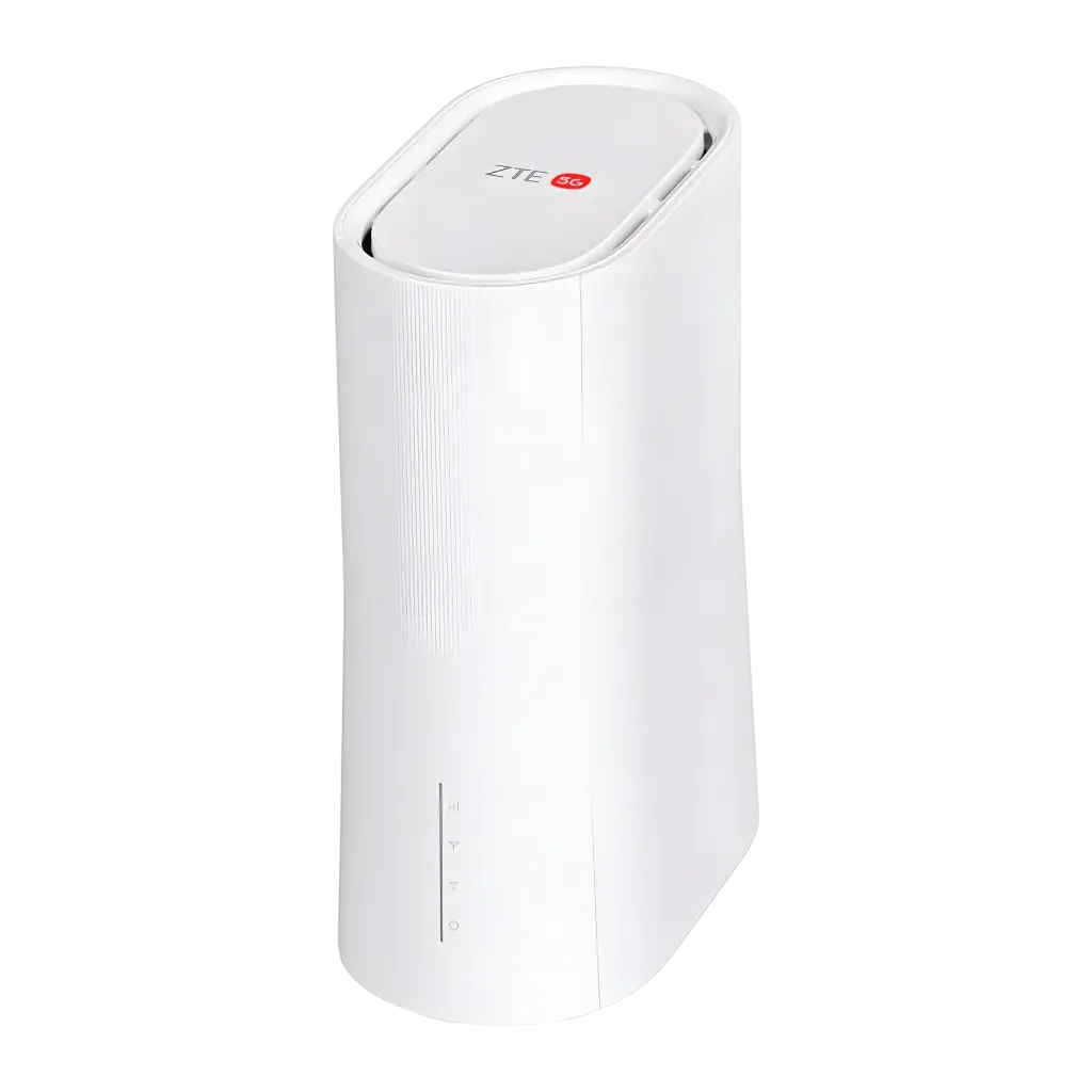 Routeur ZTE G5B2 5G AX3600 Blanc WiFi 6 Double Bande, vue de face en angle: corps cylindrique avec logo ZTE 5G sur le dessus