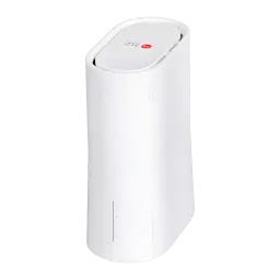 Routeur ZTE G5B2 5G AX3600 Blanc WiFi 6 Double Bande, vue de face en angle: corps cylindrique avec logo ZTE 5G sur le dessus