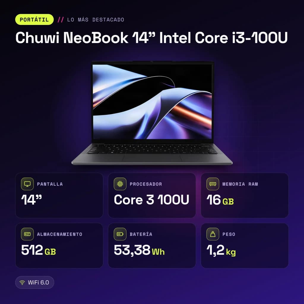 Portátil Chuwi NeoBook 14 pulgadas Intel Core i3-100U 16GB/512GB SSD IPS 1920×1200 Windows 11 Pro - características