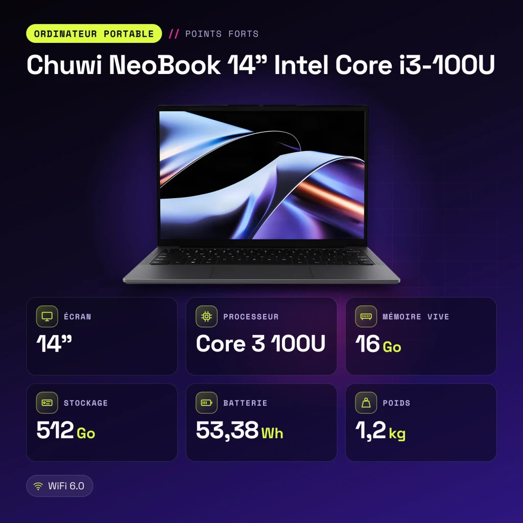 Portable Chuwi NeoBook 14 pouces Intel Core i3-100U 16 Go/512 Go SSD IPS 1920×1200 Windows 11 Pro - caractéristiques