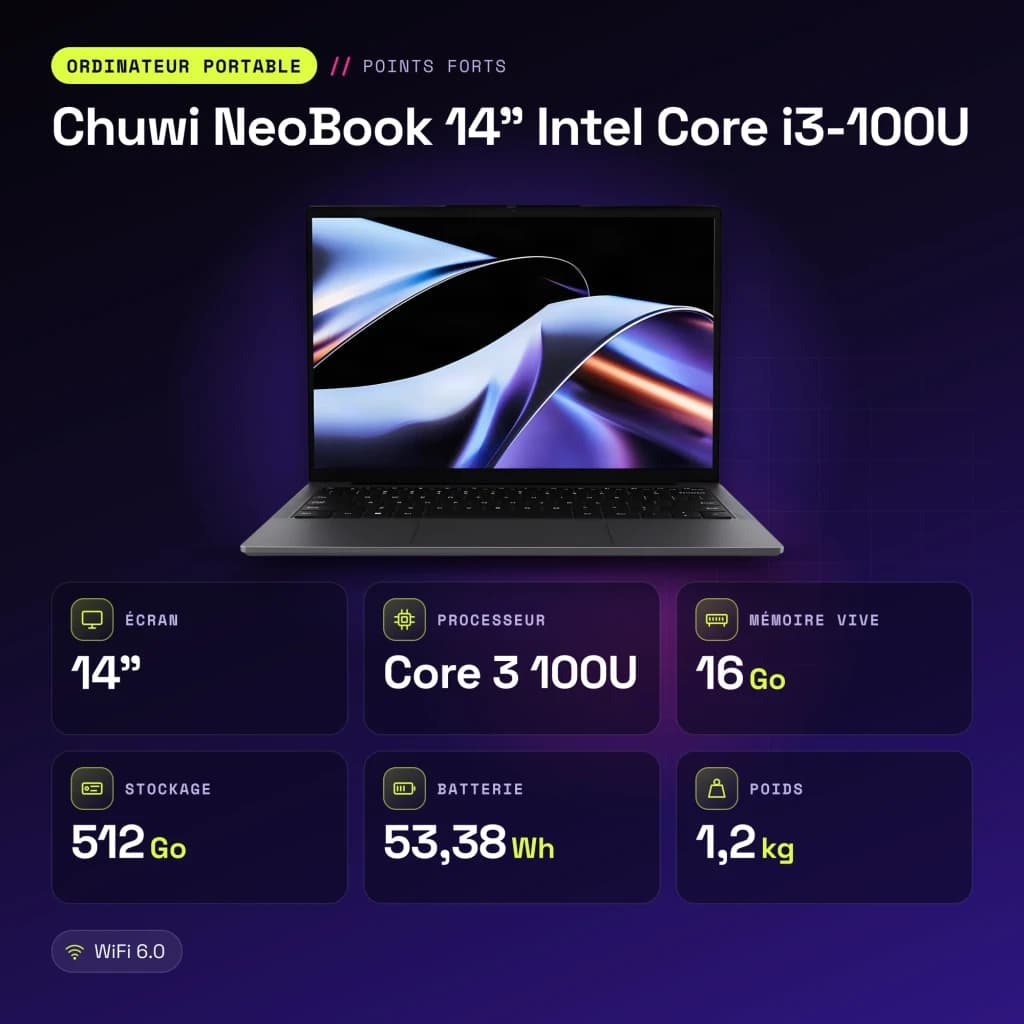 Portátil Chuwi NeoBook 14 pulgadas Intel Core i3-100U 16GB/512GB SSD IPS 1920×1200 Windows 11 Pro - características