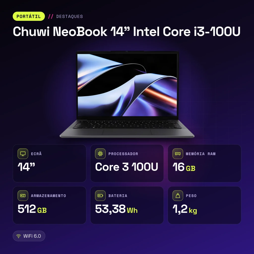 Portátil Chuwi NeoBook 14 polegadas Intel Core i3-100U 16GB/512GB SSD IPS 1920×1200 Windows 11 Pro - características