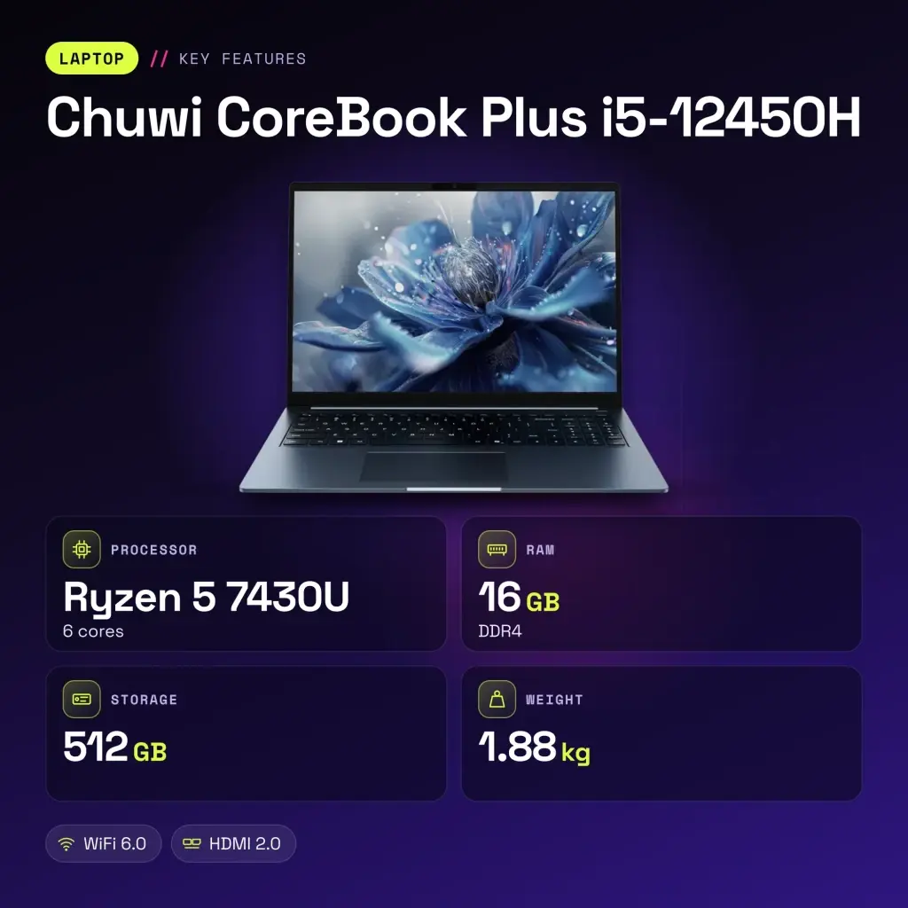 Portátil Chuwi CoreBook Plus i5-12450H 16GB 16 pulgadas IPS Intel Core 512GB SSD Windows 11 Pro Gris - 1 × 3.5 mm