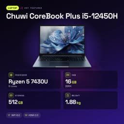 Portátil Chuwi CoreBook Plus i5-12450H 16GB 16 pulgadas IPS Intel Core 512GB SSD Windows 11 Pro Gris - 1 × 3.5 mm