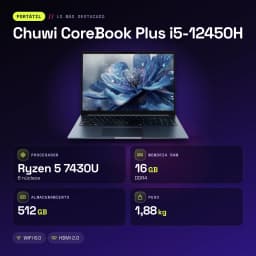 Portátil Chuwi CoreBook Plus i5-12450H 16GB 16 pulgadas IPS Intel Core 512GB SSD Windows 11 Pro Gris - características