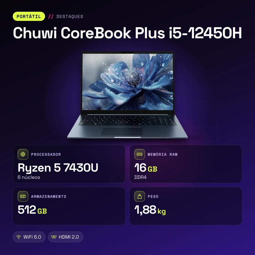 Portátil Chuwi CoreBook Plus i5-12450H 16GB 16 polegadas IPS Intel Core 512GB SSD Windows 11 Pro Cinzento - características