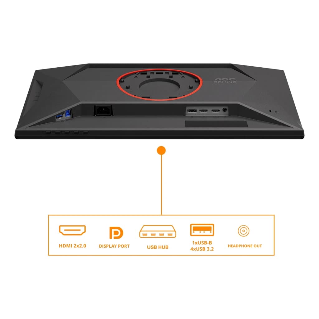 Écran AOC G4 24,5 pouces 400Hz FHD Fast IPS 1ms GTG Rouge 25G4KUR, vue arrière: ports HDMI 2x2.0, DisplayPort, USB Hub