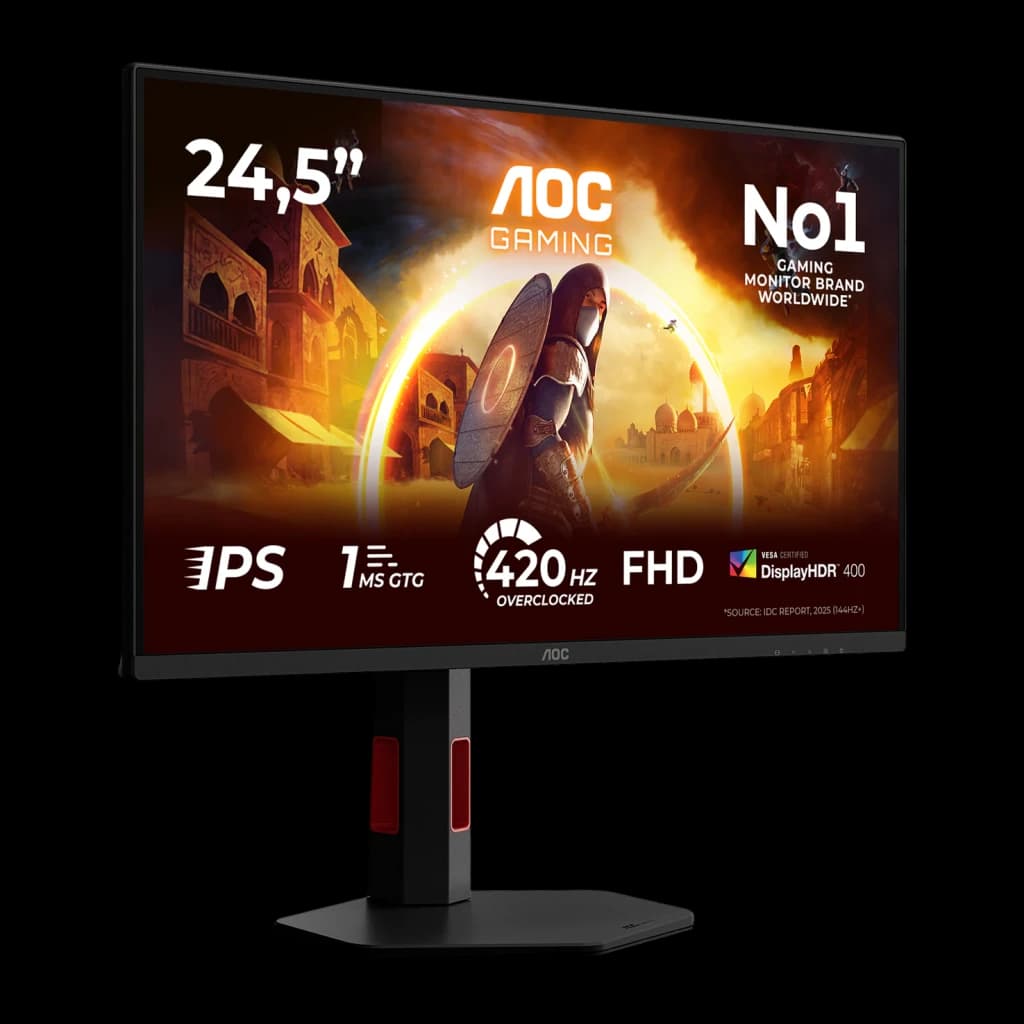 Écran AOC G4 24,5 pouces 400Hz FHD Fast IPS 1ms GTG Rouge 25G4KUR, vue de côté: écran avec scène gaming et accents rouges