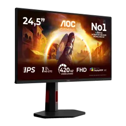Écran AOC G4 24,5 pouces 400Hz FHD Fast IPS 1ms GTG Rouge 25G4KUR, vue de côté: écran avec scène gaming et accents rouges