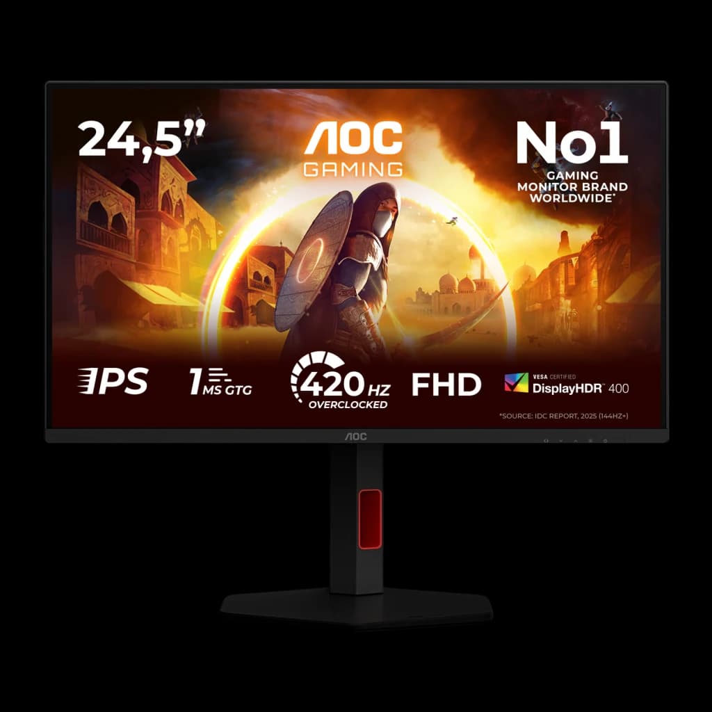 Écran AOC G4 24,5 pouces 400Hz FHD Fast IPS 1ms GTG Rouge 25G4KUR, vue de face: dalle avec scène gaming et specs IPS 420Hz