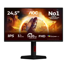 Écran AOC G4 24,5 pouces 400Hz FHD Fast IPS 1ms GTG Rouge 25G4KUR, vue de face: dalle avec scène gaming et specs IPS 420Hz