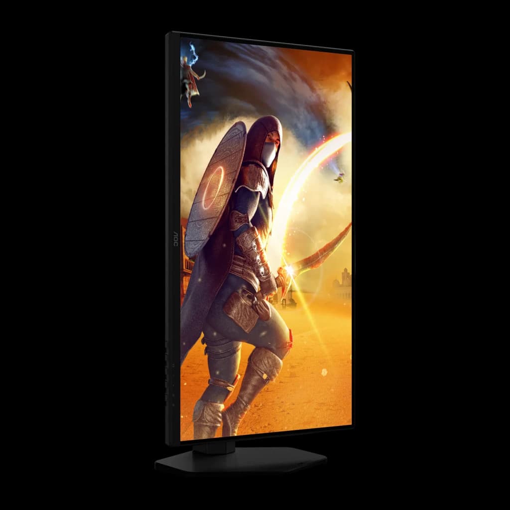 Écran AOC G4 24,5 pouces 400Hz FHD Fast IPS 1ms GTG Rouge 25G4KUR, vue latérale: dalle avec scène gaming et pied noir