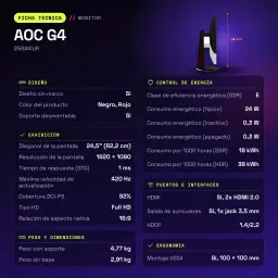 Écran AOC G4 24,5 pouces 400Hz FHD Fast IPS 1ms GTG Rouge 25G4KUR - caractéristiques