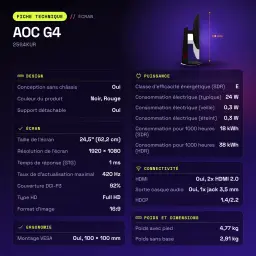 Écran AOC G4 24,5 pouces 400Hz FHD Fast IPS 1ms GTG Rouge 25G4KUR - caractéristiques