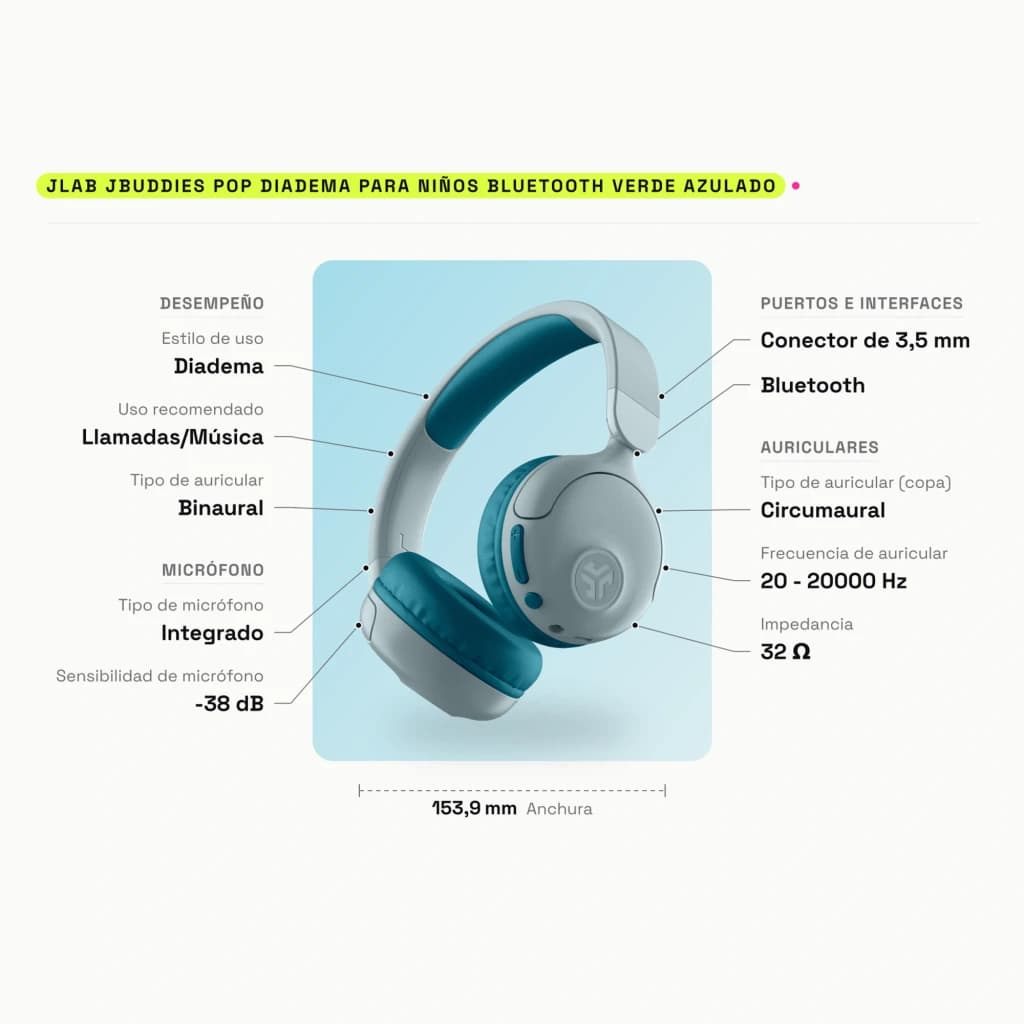 Auriculares de diadema JLab JBuddies Pop Cancelación de Ruido Bluetooth 5.2 Verde Azulado - características