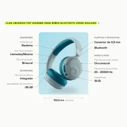 Auriculares de diadema JLab JBuddies Pop Cancelación de Ruido Bluetooth 5.2 Verde Azulado - características