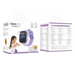 Hoco Y108 Kids Call Roxo Chamadas SOS Videochamada GPS e Chamadas - frente e verso da embalagem com relógio e menina