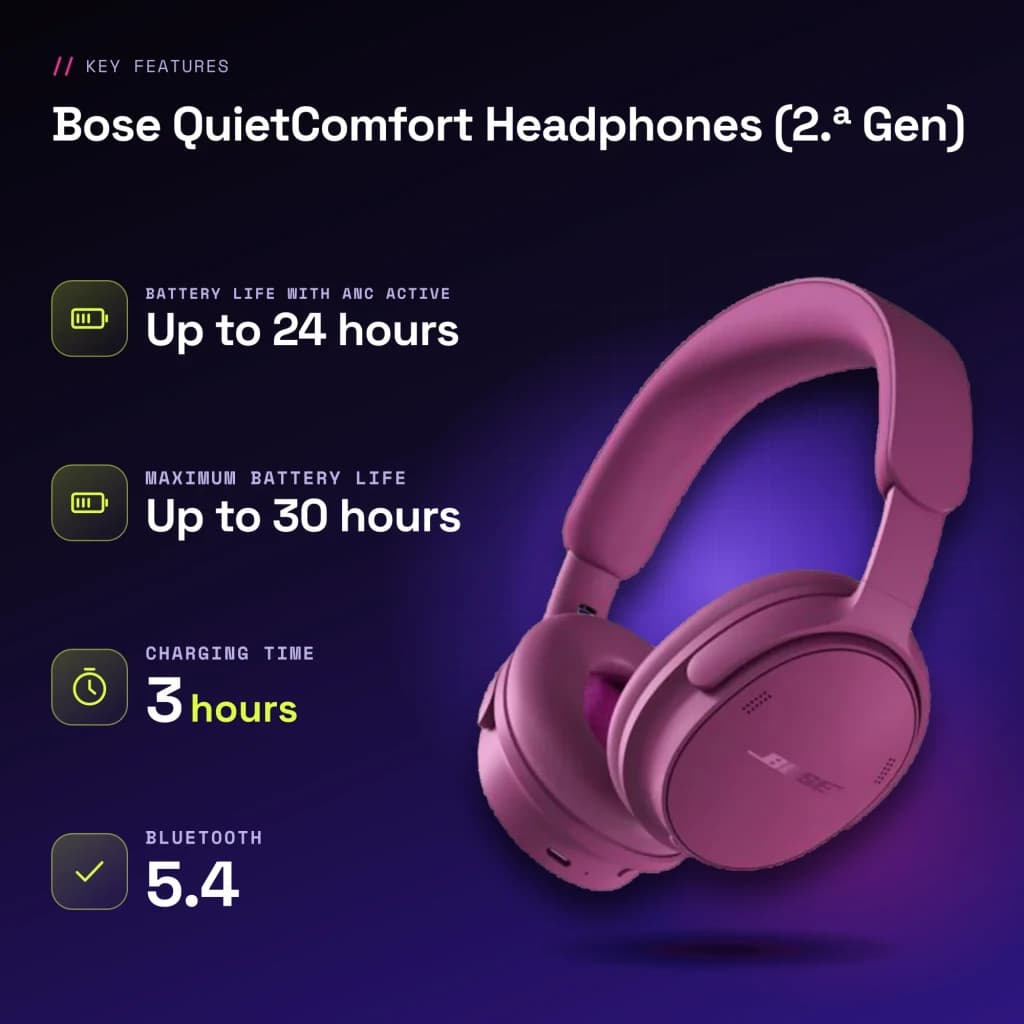 Auriculares de diadema Bose QuietComfort Headphones (2.ª Gen) Cancelación de Ruido Malva - características