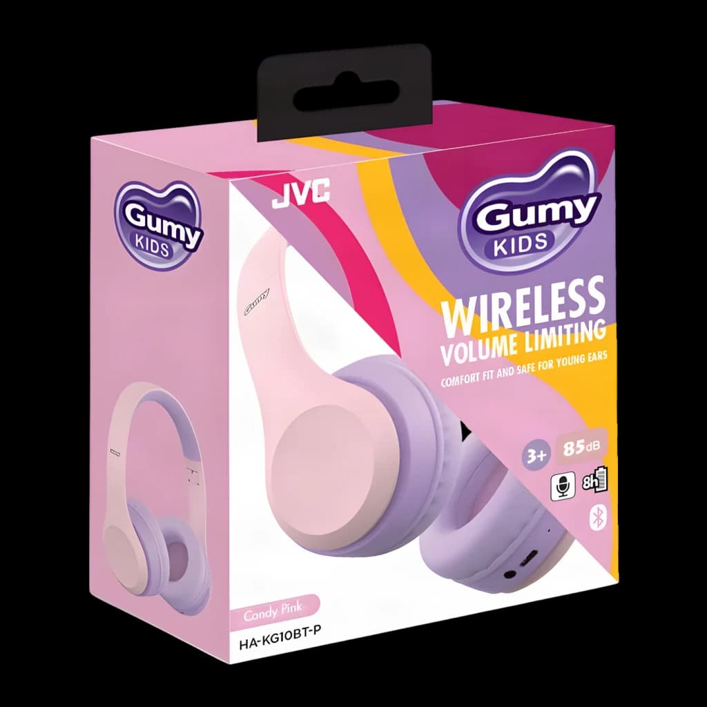 Casque JVC HA-KG10BT-P Gumy Kids Arceau Bluetooth 8h Rose - emballage rose avec casque et texte Wireless Volume Limiting