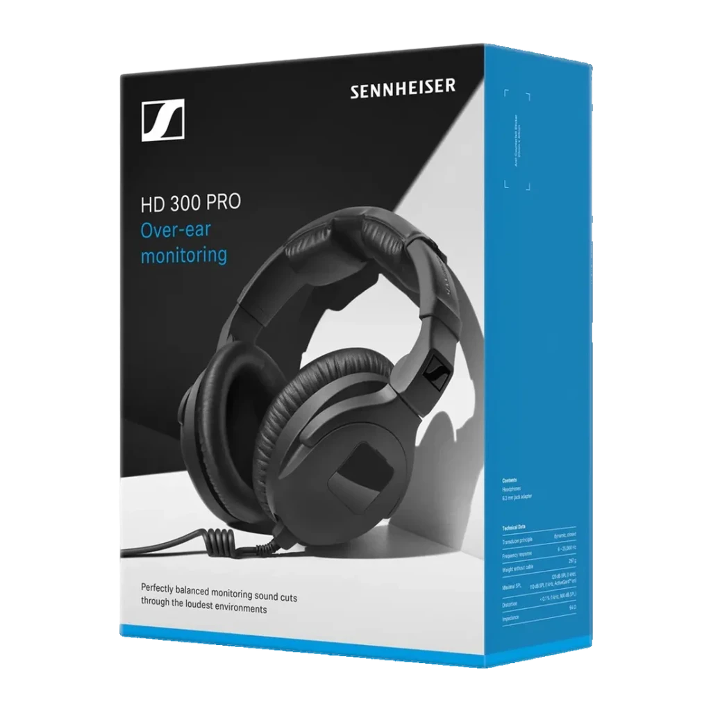 Auscultadores Sennheiser HD 300 Pro Circumaural Jack 3,5 mm 64 Ω Preto - embalagem frontal com auscultador preto