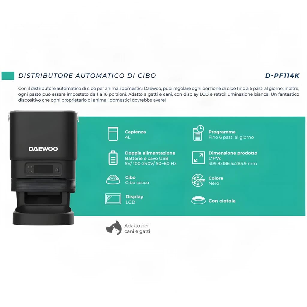 Comedero Automático Daewoo 4L Negro D-PF11 - vista lateral con especificaciones, display LCD y doble