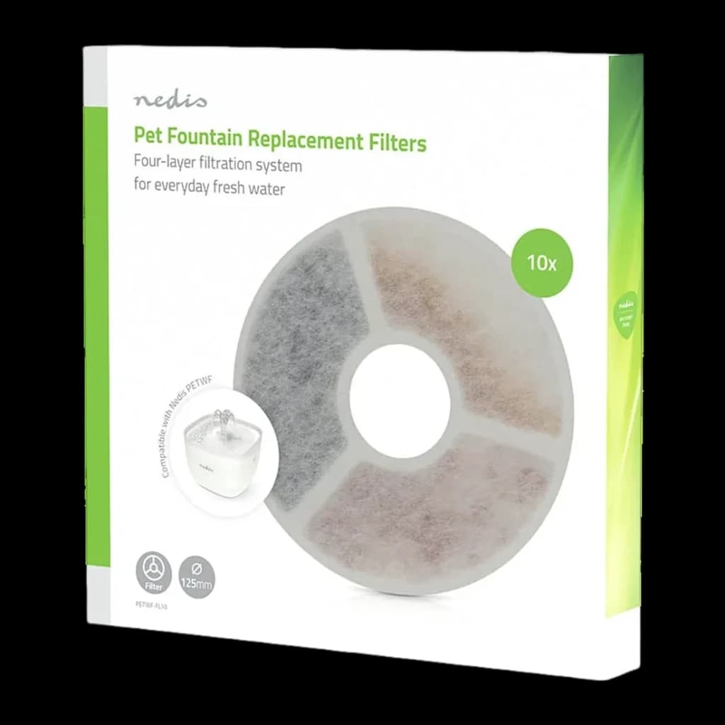 Filtros de recambio Nedis Blanco 10 unidades PETWF-FL10 - packaging frontal con filtro circular de 4 capas y referencia