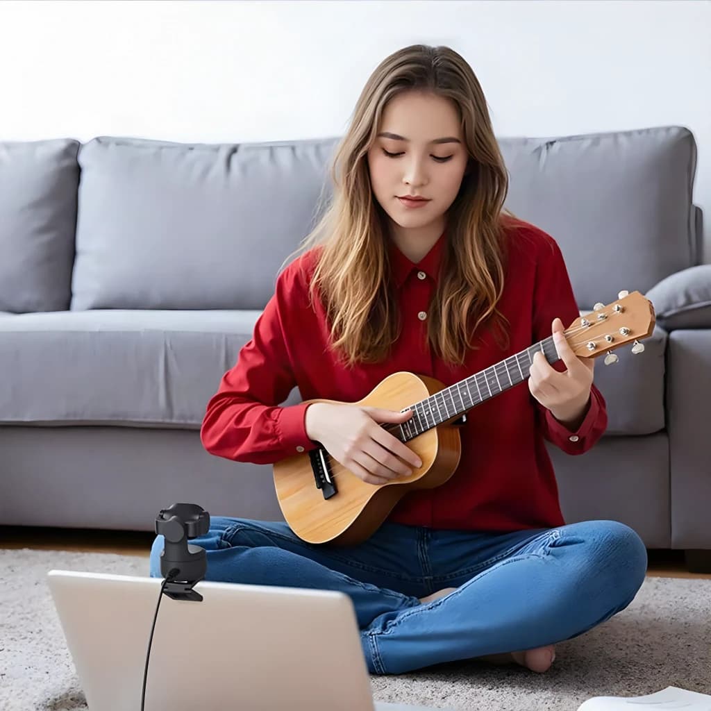 Webcam EMEET Pixy 4K 30fps Negro - sujeta a portátil grabando a chica tocando ukulele en salón