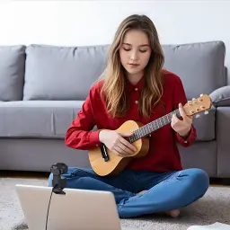 Webcam EMEET Pixy 4K 30fps Negro - sujeta a portátil grabando a chica tocando ukulele en salón