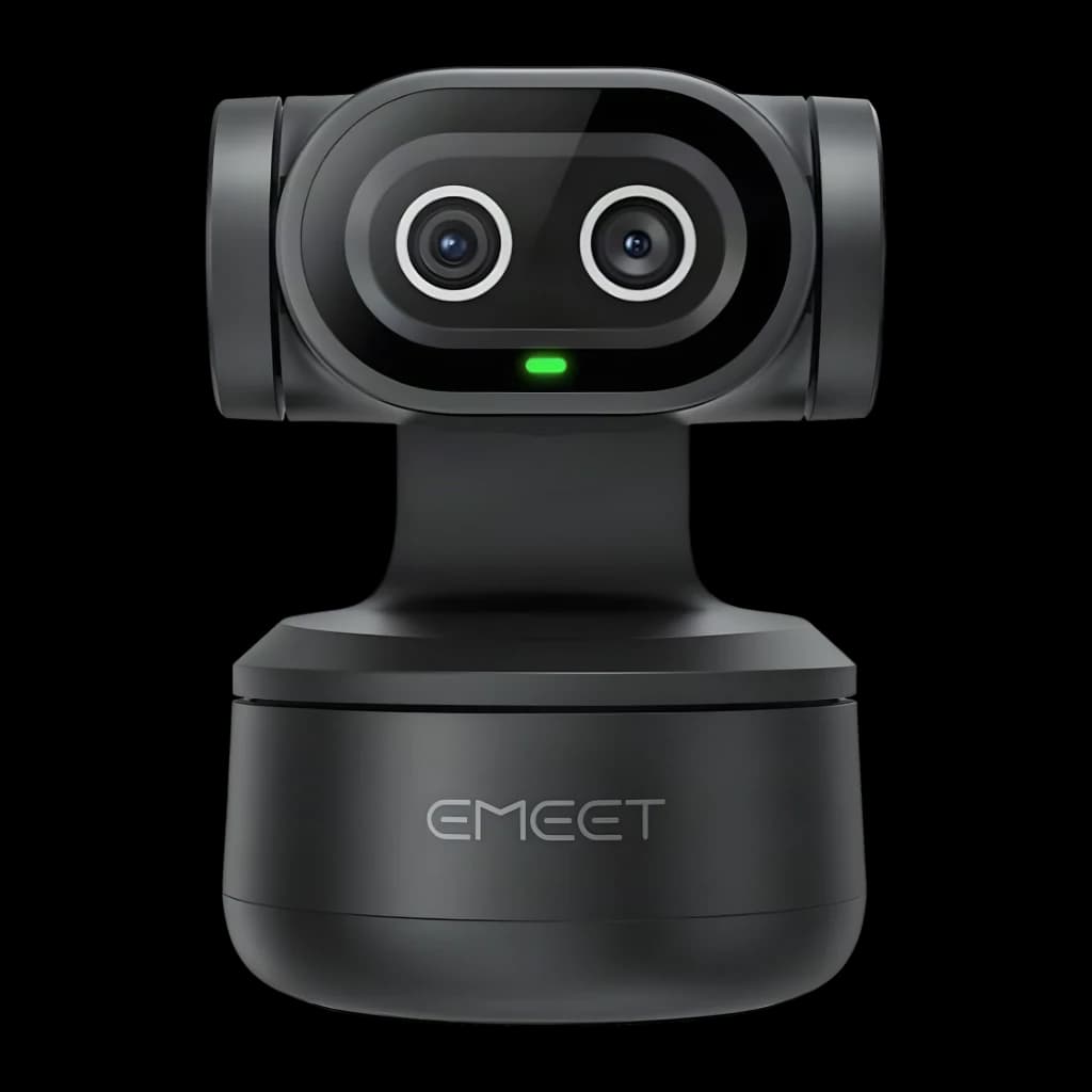 Webcam EMEET Pixy 4K 30fps Negro - doble lente con anillos blancos, LED verde y base giratoria con logo EMEET