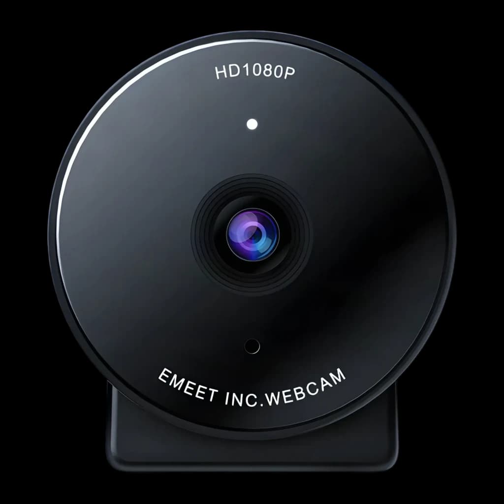 Webcam eMeet C950 4K Micrófono con IA Negro - lente central, texto HD1080P y logo EMEET INC.WEBCAM