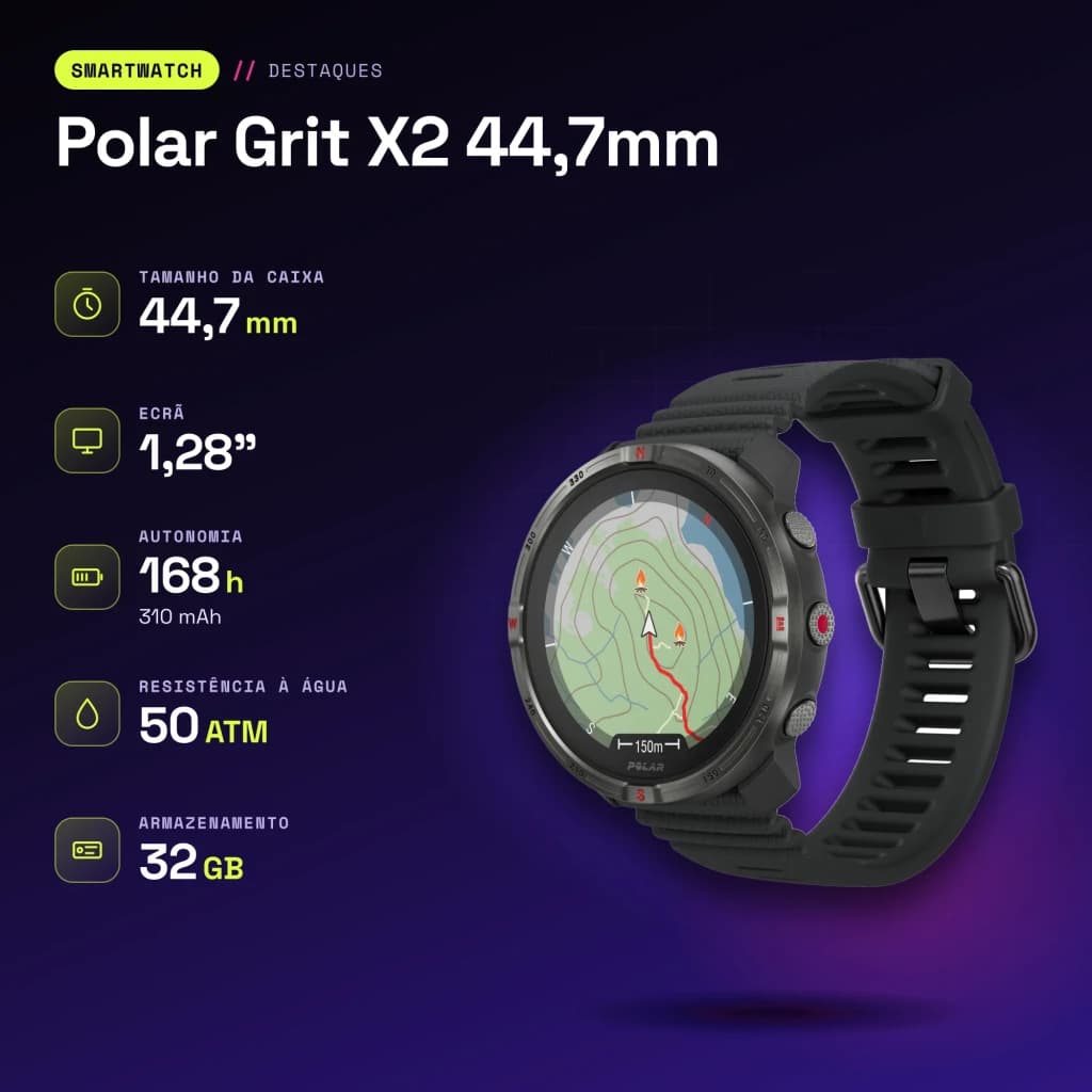 Polar Grit X2 44,7mm GPS 50ATM 168h Preto - características, 310 mAh