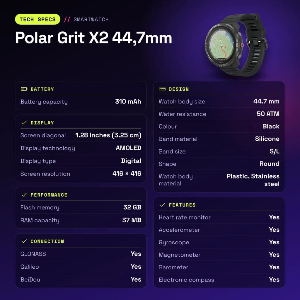Polar Grit X2 44,7mm GPS 50ATM 168h Preto - características, 44,7 mm
