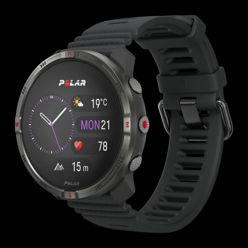 Polar Grit X2 44,7mm GPS 50ATM 168h Preto - mostrador com bússola, botões laterais e bracelete preto