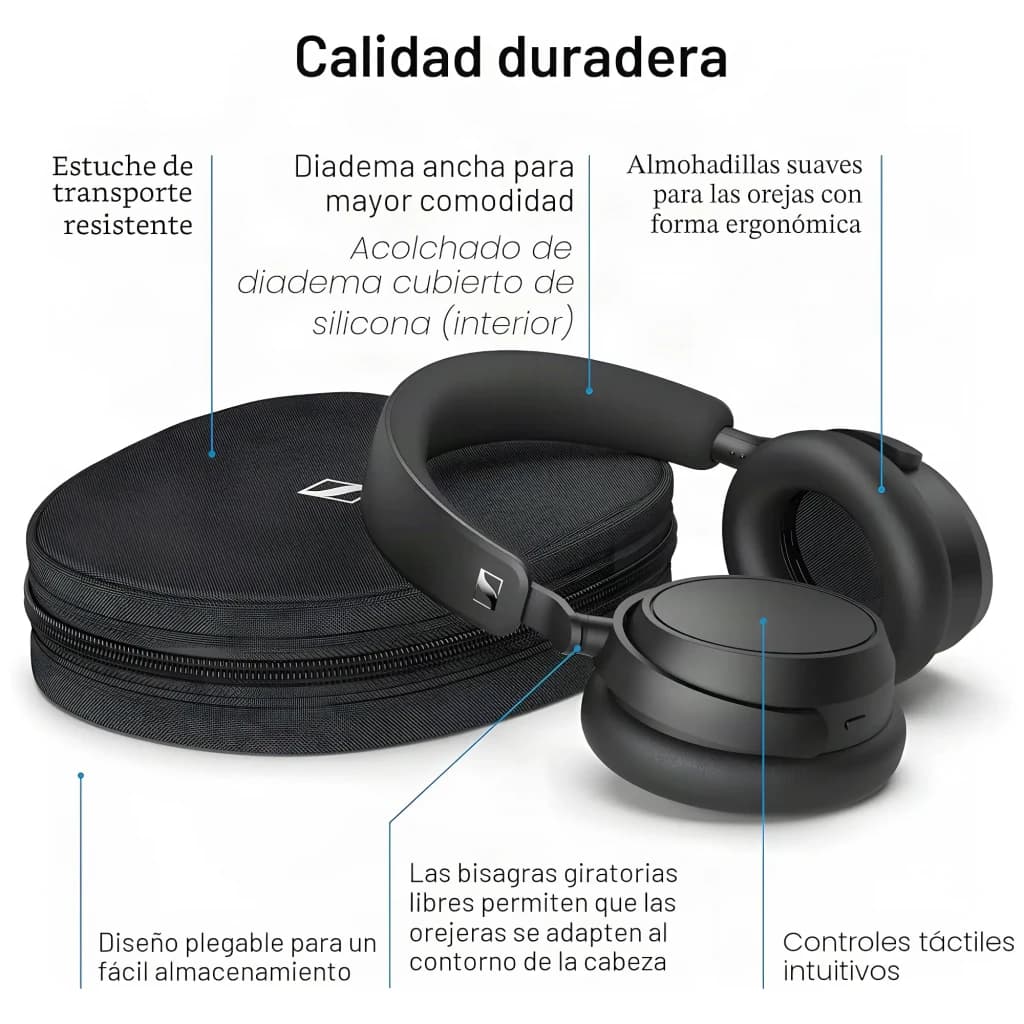 Casque Sennheiser Accentum Plus Réduction de Bruit Arceau Bluetooth 5.2 Noir - casque et étui noir avec détails