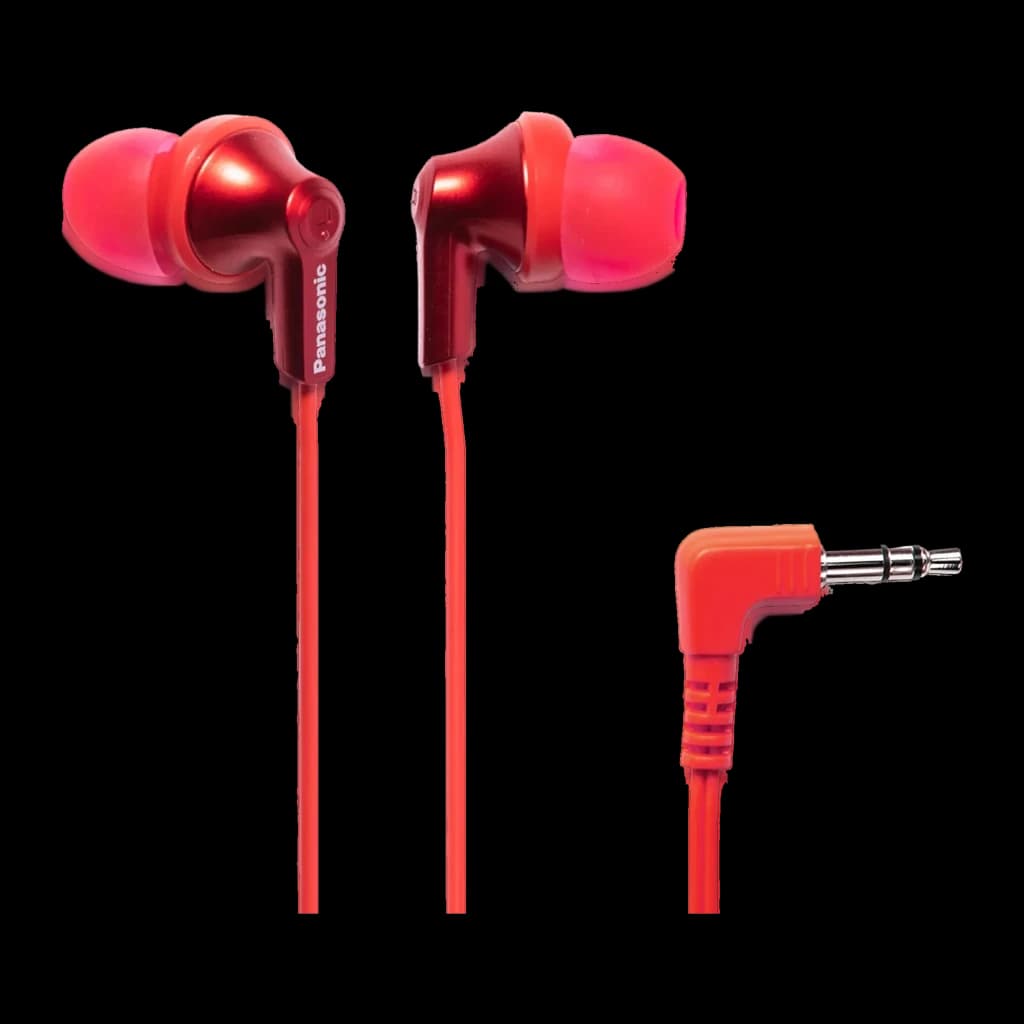 Auriculares Panasonic In-Ear Jack 3,5mm Vermelho RP-HJE125 - dois auriculares e ficha angular em destaque