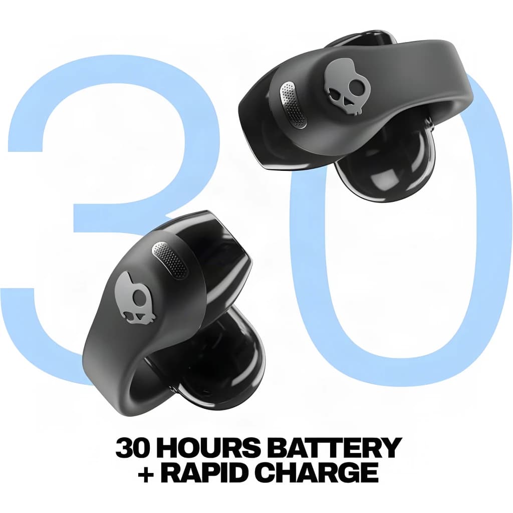Écouteurs Skullcandy Push 720 Open-Ear Bluetooth 5.3 6h + 24h étui IP67 Noir/Argent - deux écouteurs noirs avec logo