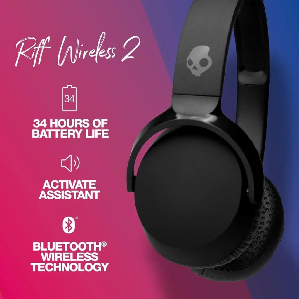 Auriculares Skullcandy Riff Wireless 2 Diadema Bluetooth 5.2 34h Negro - logo calavera en diadema y almohadilla