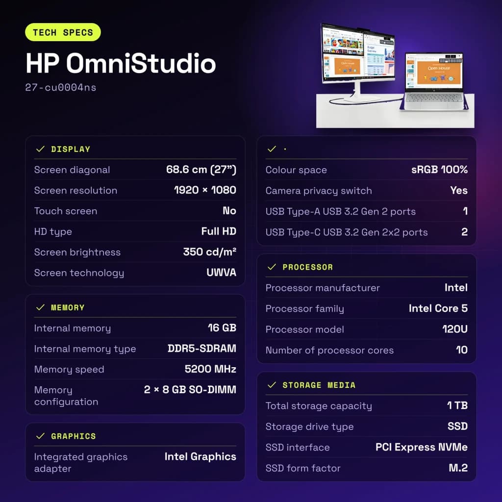 All-in-One HP OmniStudio 16GB/1TB SSD Blanco Intel Core 5 120U 27 pulgadas Sin Sistema Operativo 27-cu0004ns - 1 TB