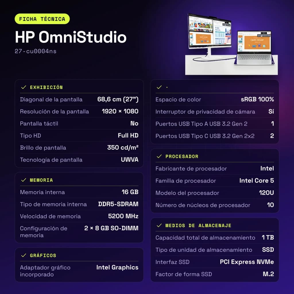 All-in-One HP OmniStudio 16GB/1TB SSD Blanco Intel Core 5 120U 27 pulgadas Sin Sistema Operativo 27-cu0004ns - 5200 MHz