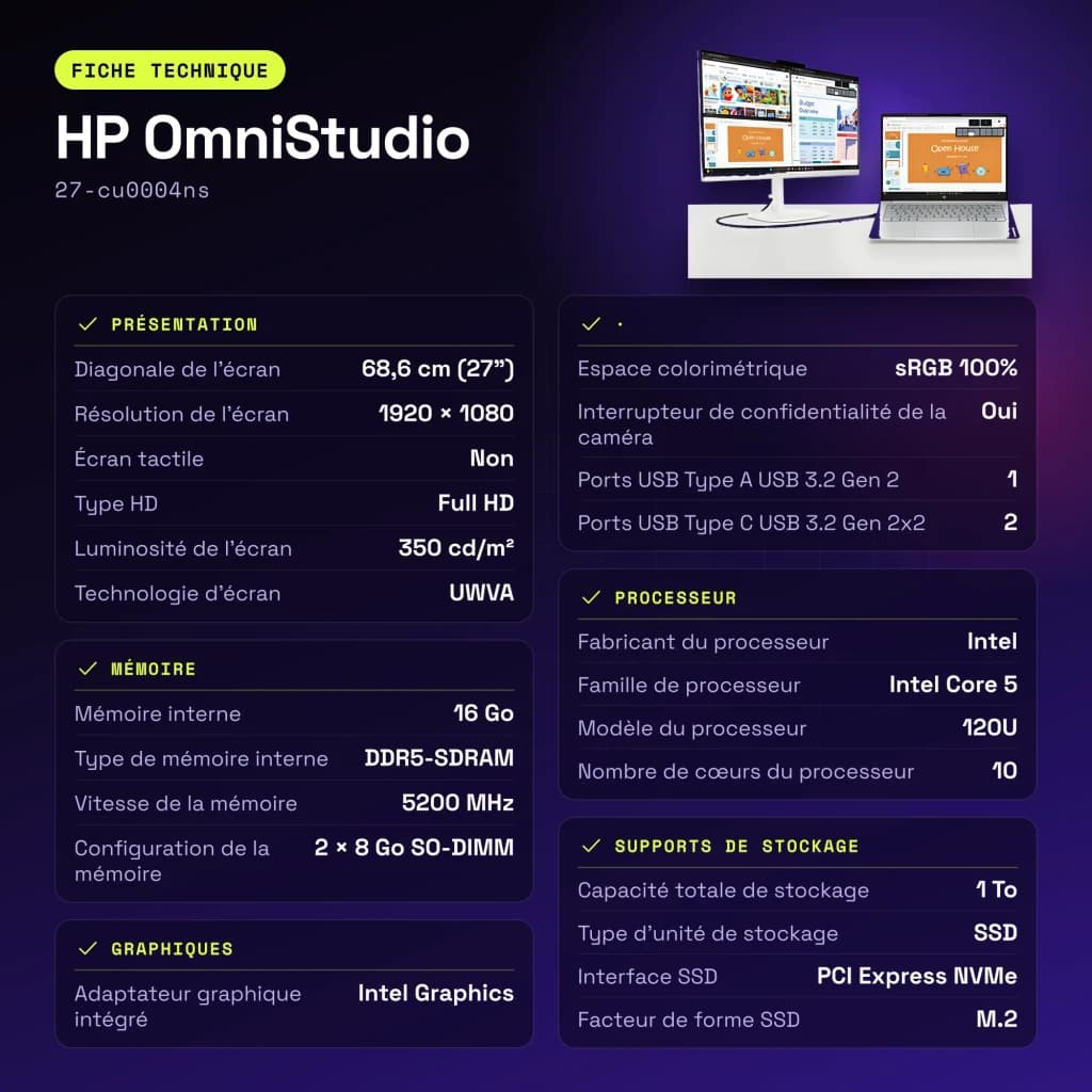 All-in-One HP OmniStudio 16GB/1TB SSD Blanco Intel Core 5 120U 27 pulgadas Sin Sistema Operativo 27-cu0004ns - WiFi 7.0