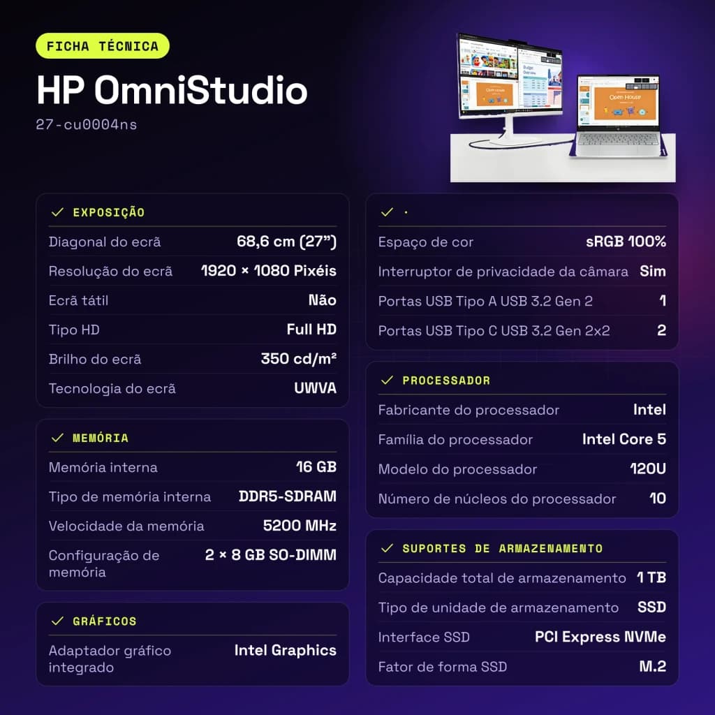 All-in-One HP OmniStudio 16GB/1TB SSD Blanco Intel Core 5 120U 27 pulgadas Sin Sistema Operativo 27-cu0004ns - 612,4 mm