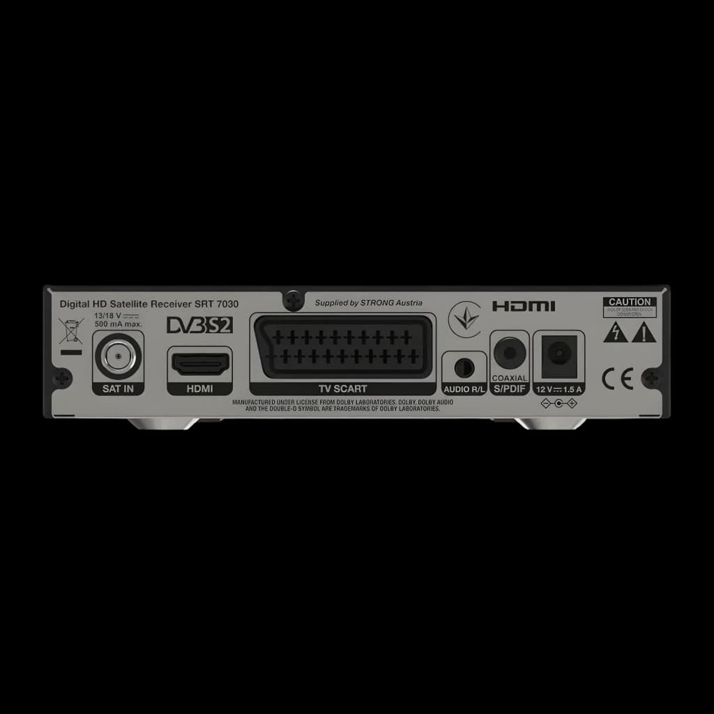 Récepteur satellite Strong Noir HD Enregistrement USB SRT7030 - prises SAT IN, HDMI, SCART, Audio R/L
