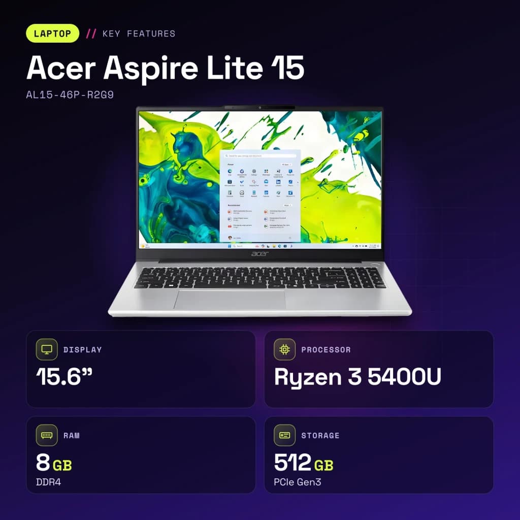 PC portable Acer Aspire Lite 15 8Go/512Go 15,6 pouces IPS FHD AMD Ryzen 3 5400U SSD NVMe PCIe Gen3 Windows 11 Home Argent
